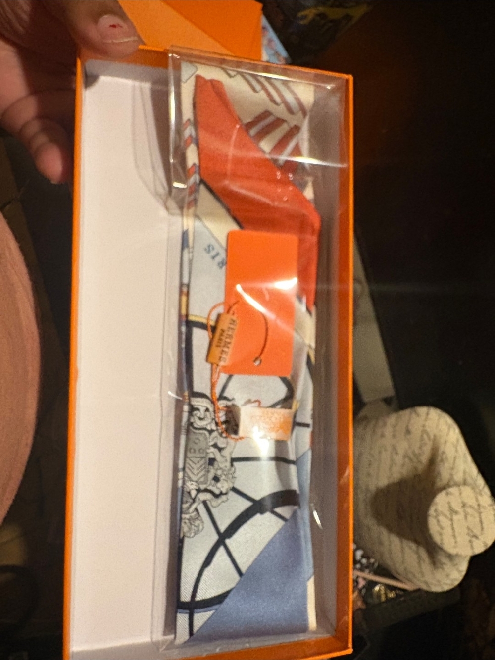 Hermes La Maison Orange, White & Blue Silk Twilly -fashion